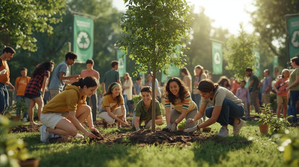 People planting trees together to save the environment – community plantation drive promoting sustainability