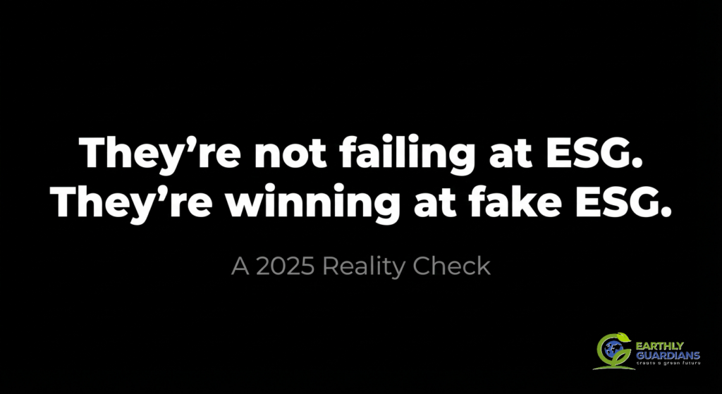 ESG awareness graphic showing message 'They're not failing at ESG, they're winning at fake ESG – A 2025 reality check' by Earthly Guardians highlighting greenwashing risks