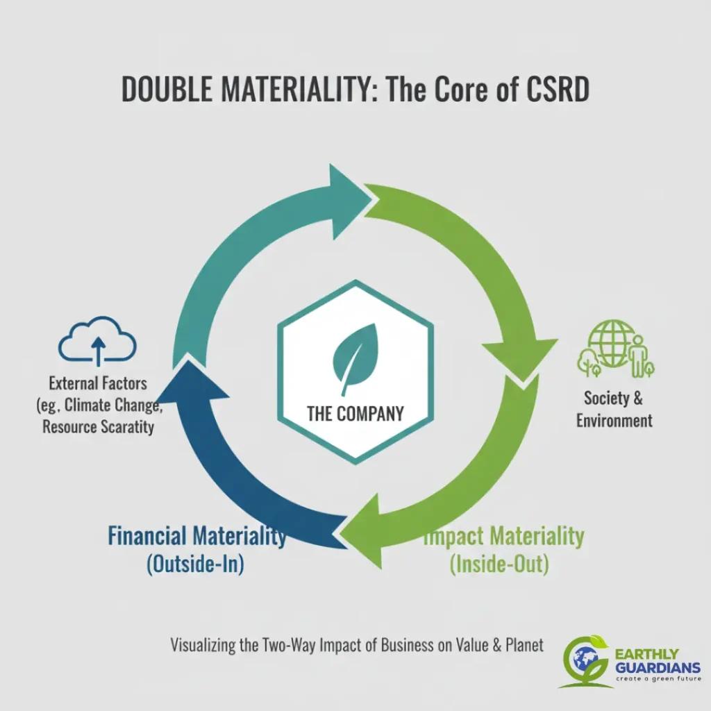 Double Materiality diagram by Earthly Guardians explaining the outside-in financial impact and inside-out environmental impact for CSRD compliance.