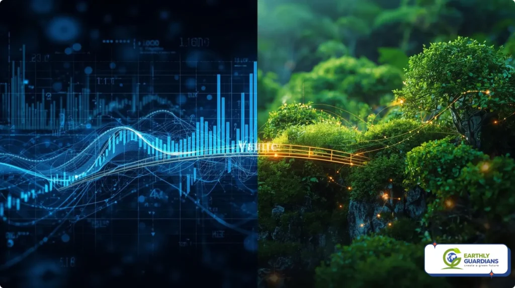 Split screen showing financial data charts and a lush green forest representing the link between sustainable finance and real-world impact under EU CSRD and SFDR regulations.
