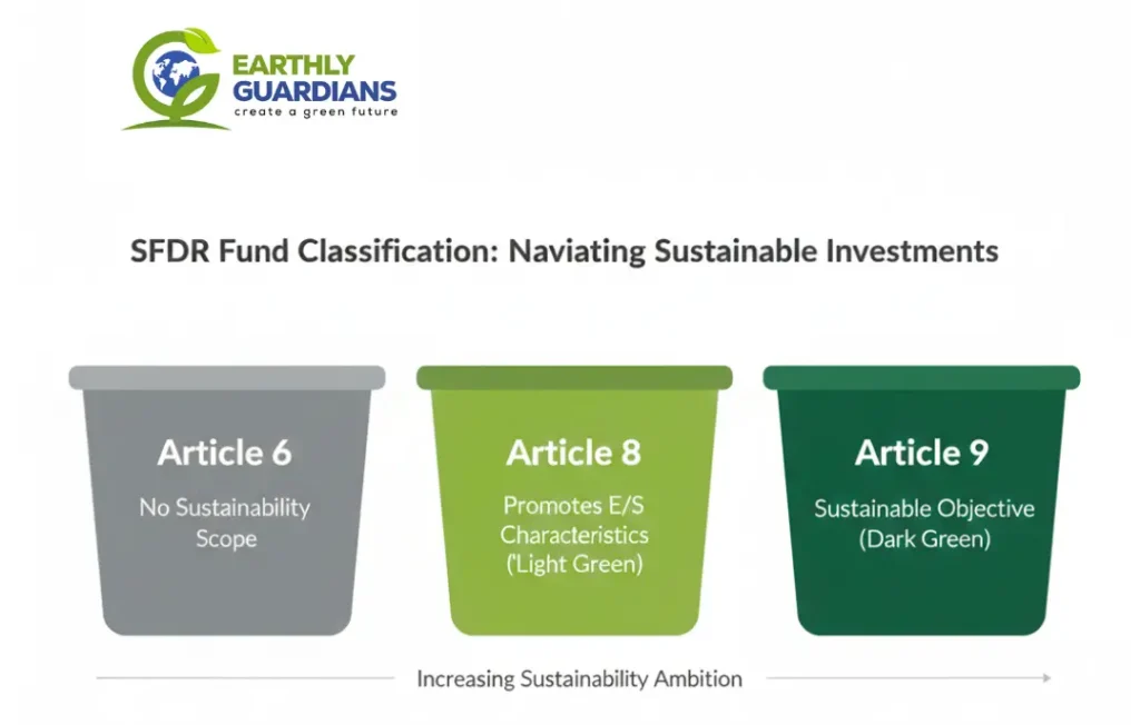SFDR fund classification infographic by Earthly Guardians showing the transition from Article 6 to Article 9 sustainable investment objectives.